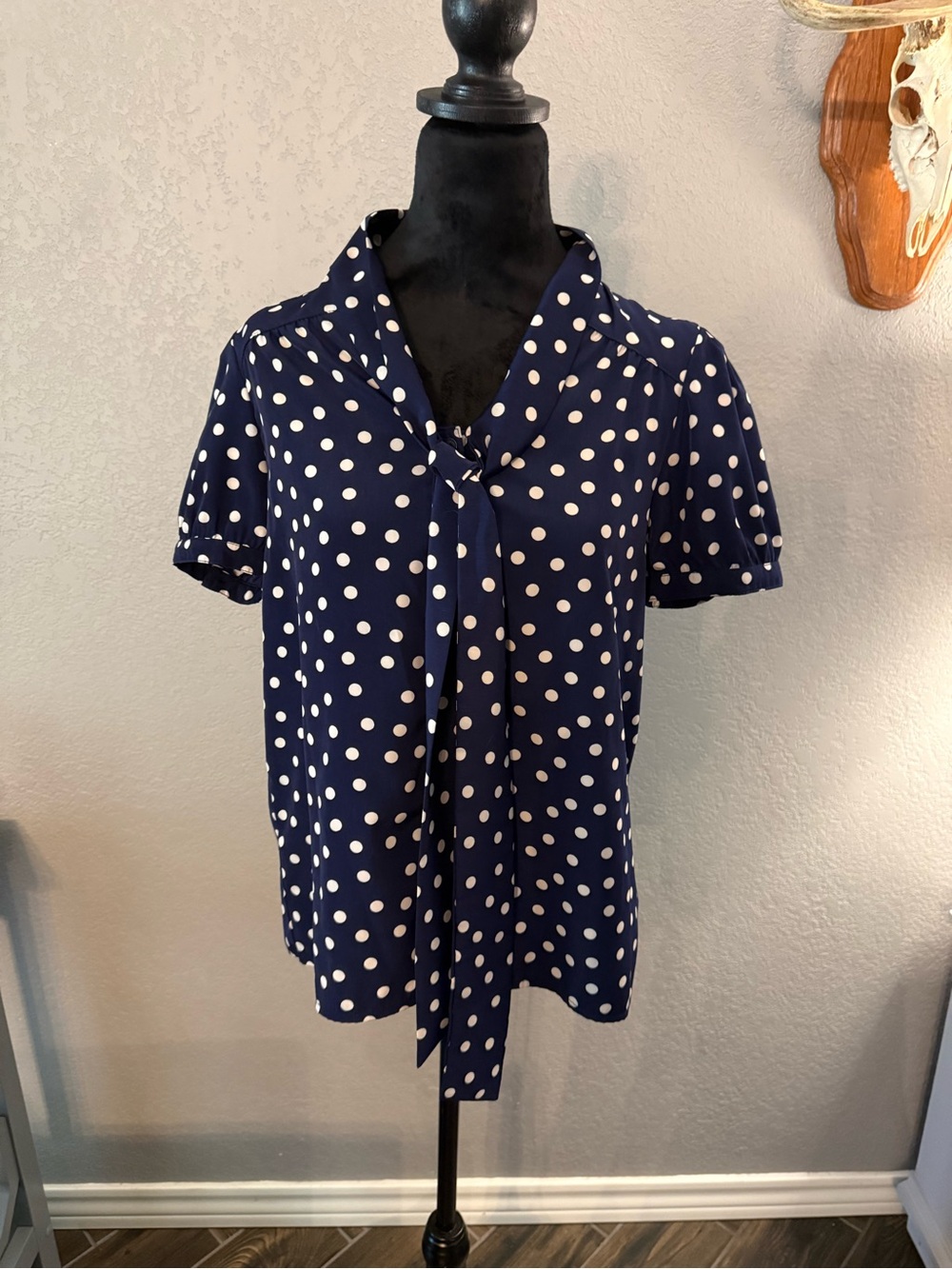 Forever 21 Navy and White Polka Dot Tie-Neck Blouse